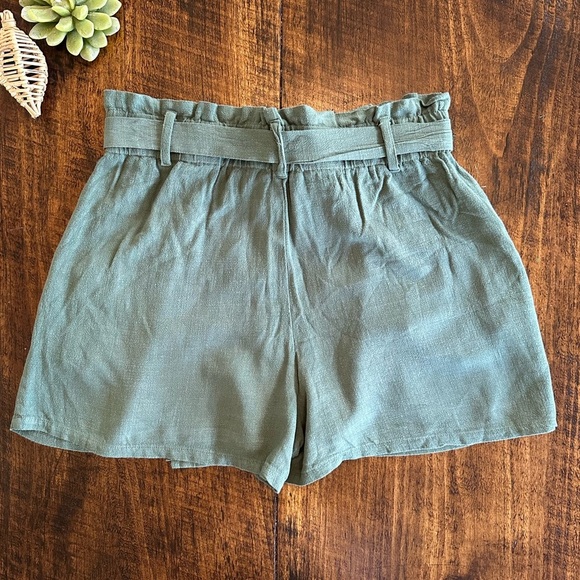 Mustard Seed | Sage Green Paper Bag Waist Faux Wrap Skort with Tie Belt - Picture 5 of 8
